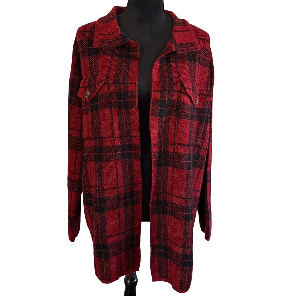 Kathy Ireland Red Black Plaid Knit Jacket Cardigan Shacket NWT Size 1X